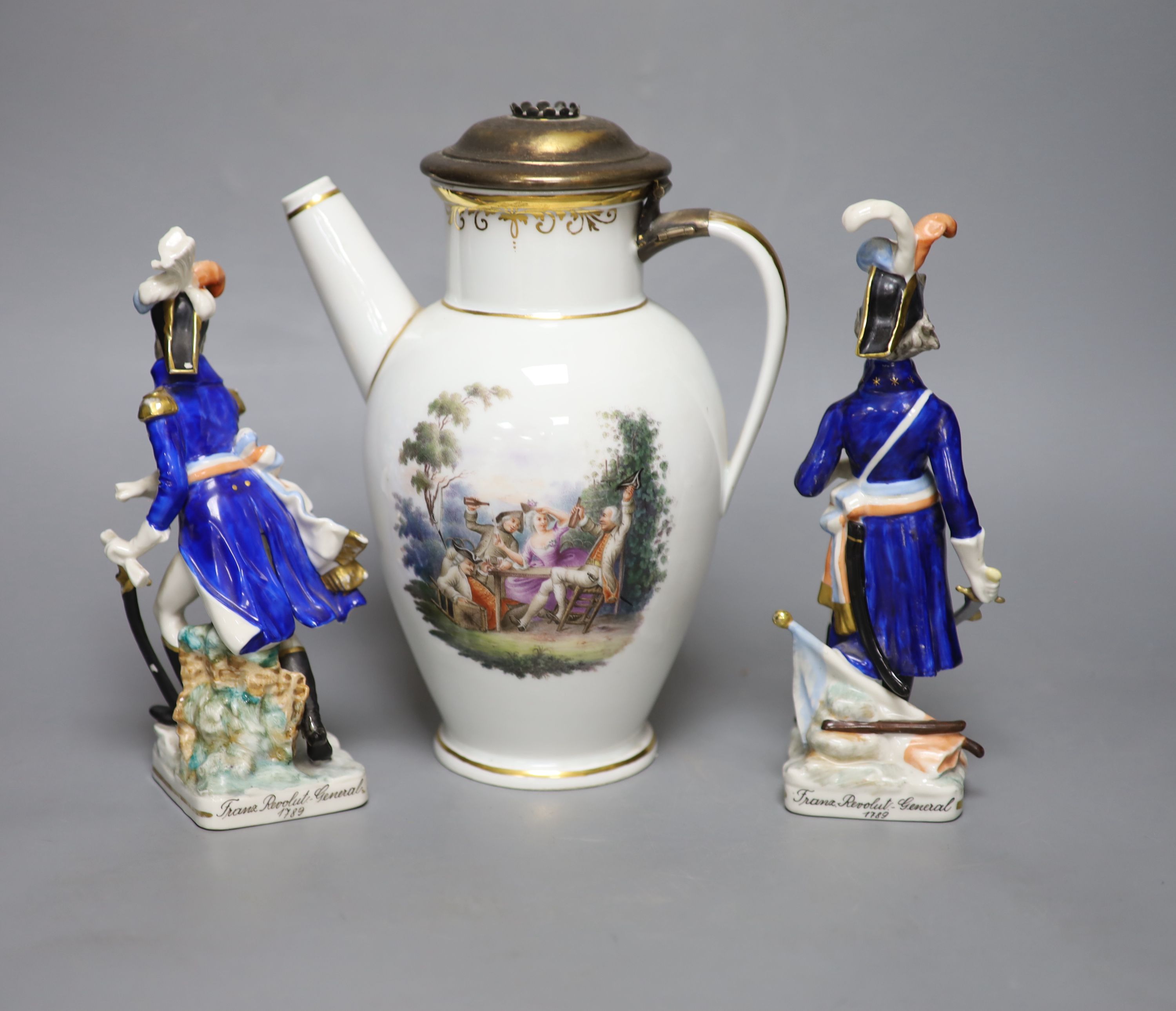 A 19th century Meissen porcelain coffee pot, and pair soldiers